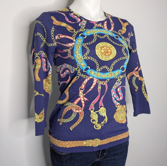 J McLaughlin Blue Yellow 3/4 Sleeve Top XS - Picture 3 of 9